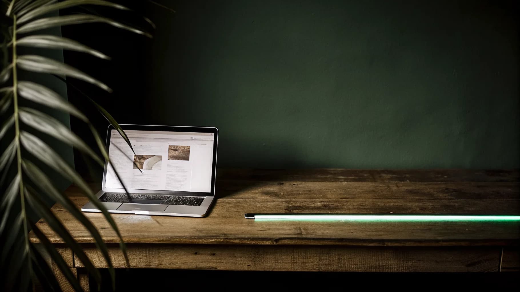 A laptop showing a simple website glowing on a wood desk against a dark green wall, with tropical leaf shadows and a single mint-green accent light
