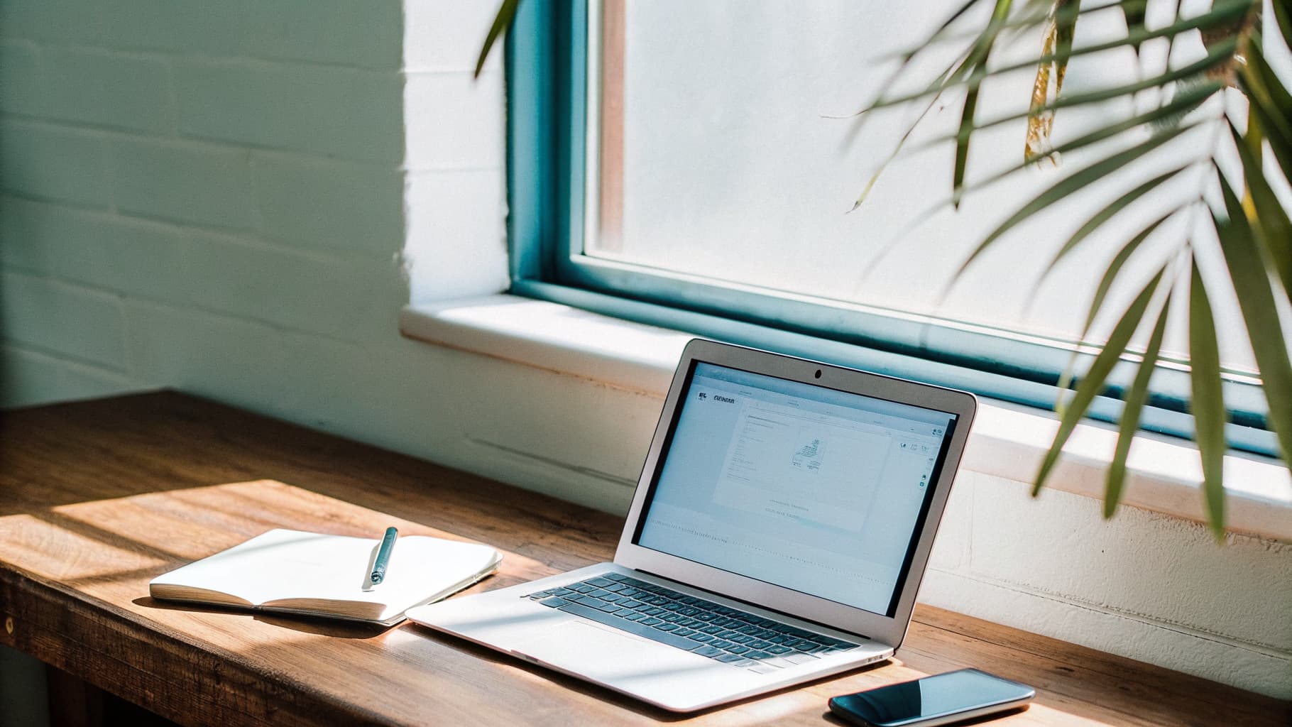 A warm wood desk with a laptop open to a simple website dashboard, a notebook and phone nearby, and tropical leaf shadows falling across the surface