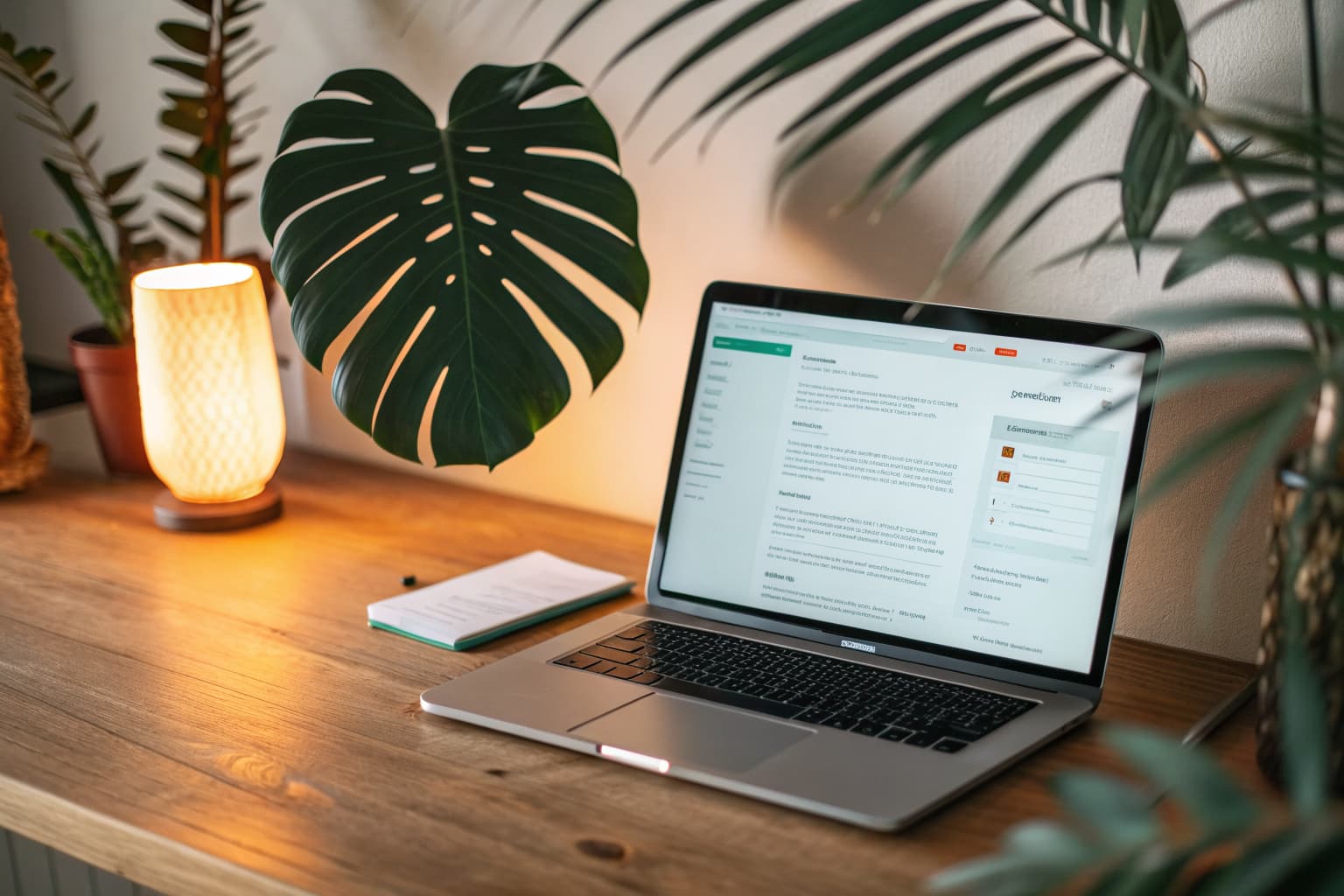 A laptop on a warm wood desk showing an email inbox with a new reply, tropical leaf shadows and a mint-green accent light