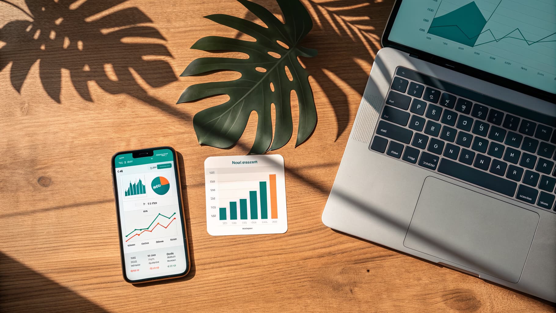A phone and laptop on a wood desk showing simple ad campaign charts, with tropical leaf shadows falling across the desk
