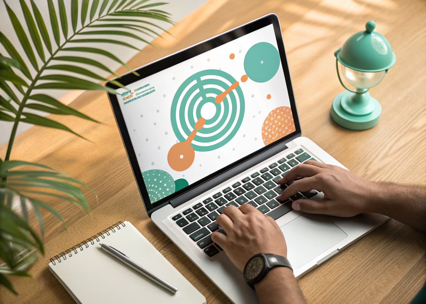 Hands typing on a laptop showing an abstract audience targeting graphic, on a warm wood desk with a mint-green lamp glow