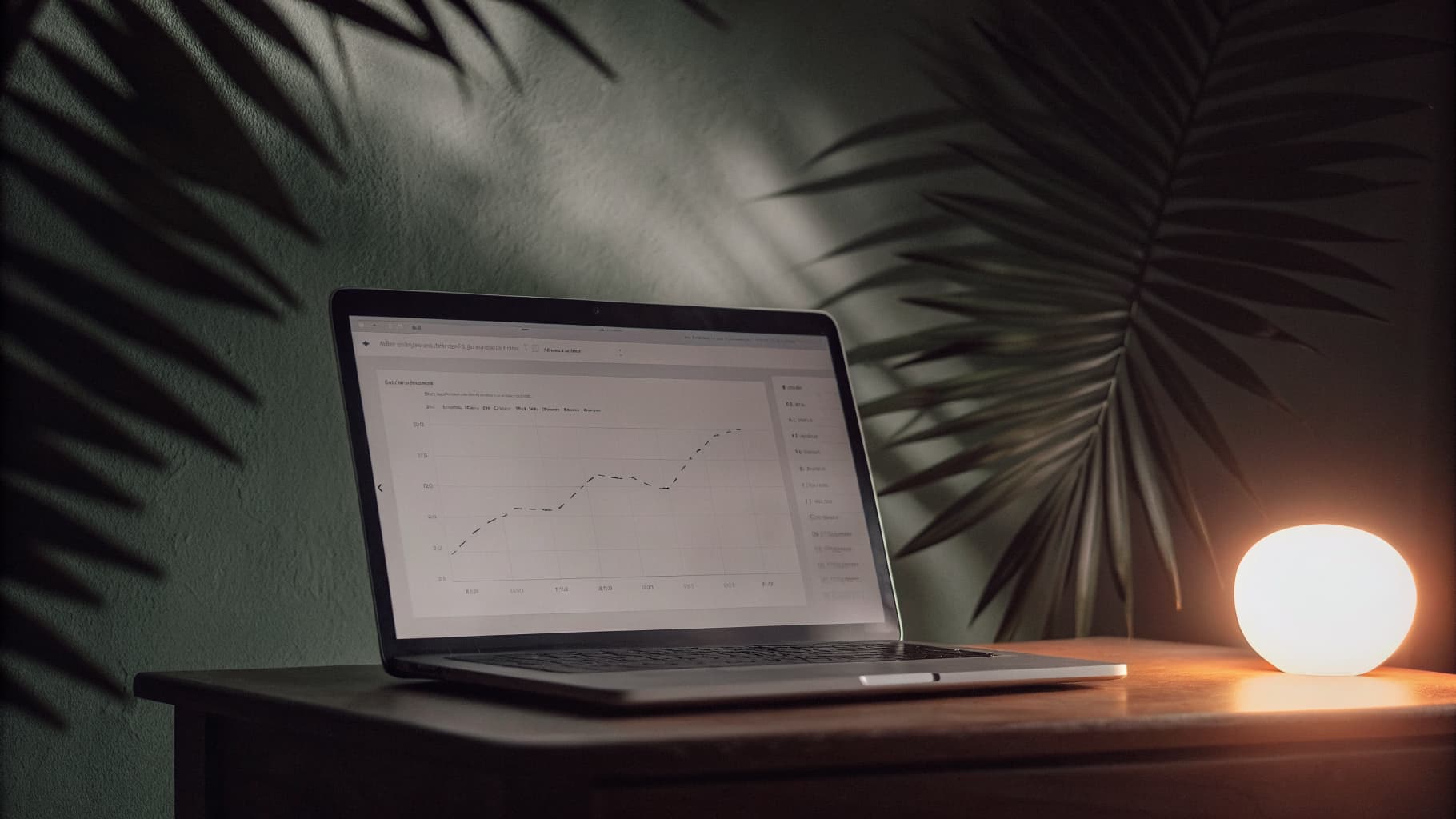 A laptop on a warm wood desk showing an analytics dashboard with a rising search traffic graph, with tropical leaf shadows and a soft orange accent light