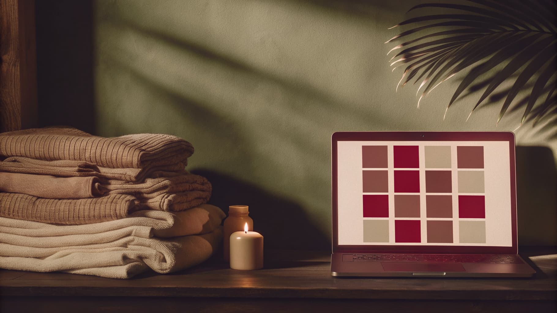 A warm wood shop counter with folded textiles, a candle, and small crafts beside a laptop showing a simple product catalog grid
