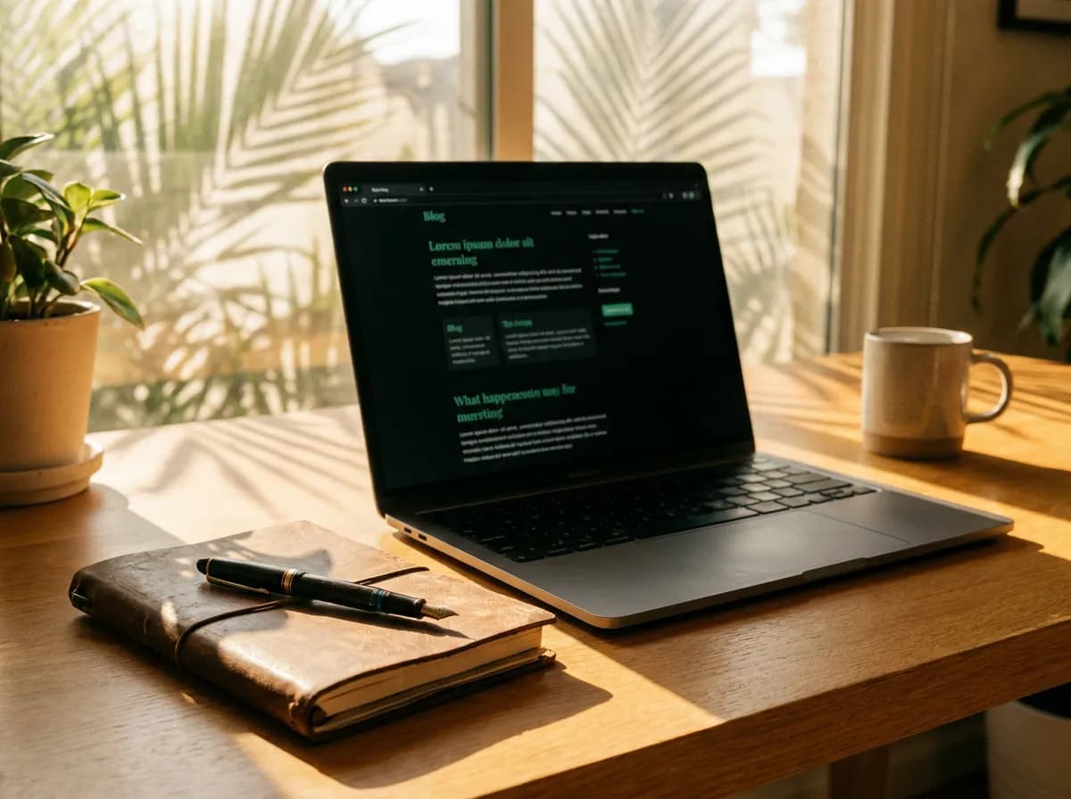 Laptop and notebook on a desk with a blog article layout on screen