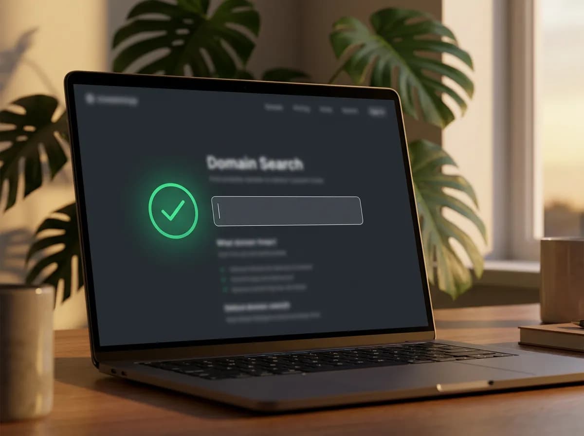 Laptop screen showing a domain name search with a checkmark result