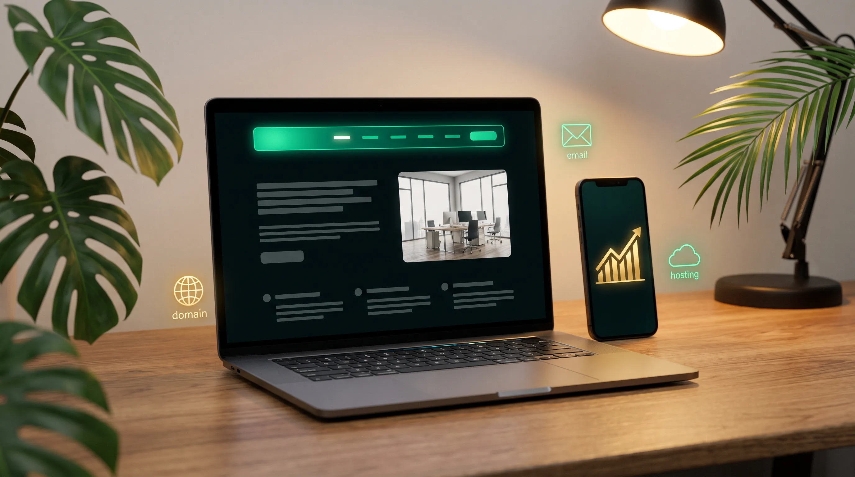 Laptop showing a business website next to a phone showing a rising growth graph, with small icons for domain, email and hosting