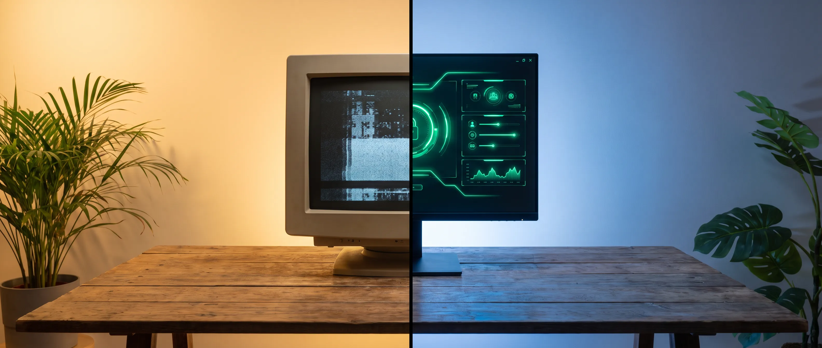 Split screen showing an outdated website interface transforming into a modern one