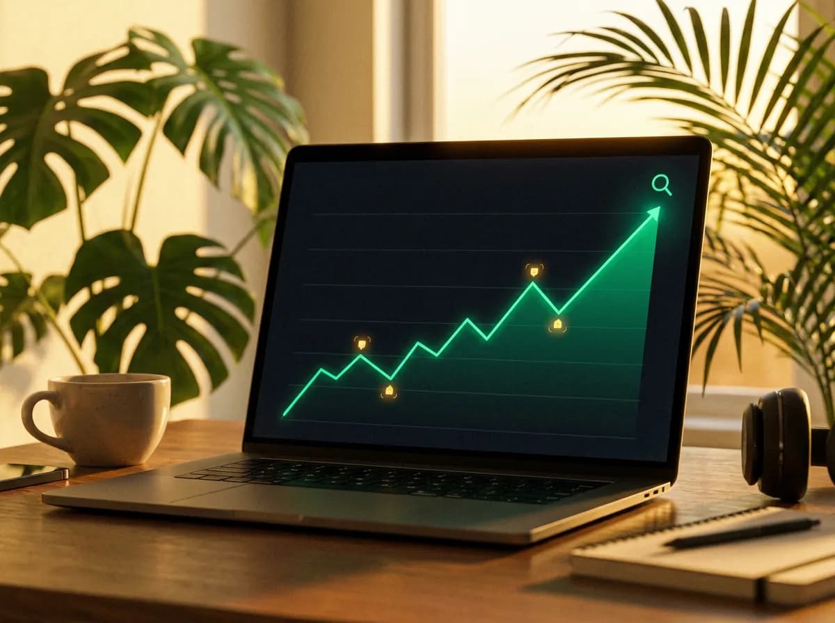 Analytics dashboard on a laptop screen showing a rising search traffic graph