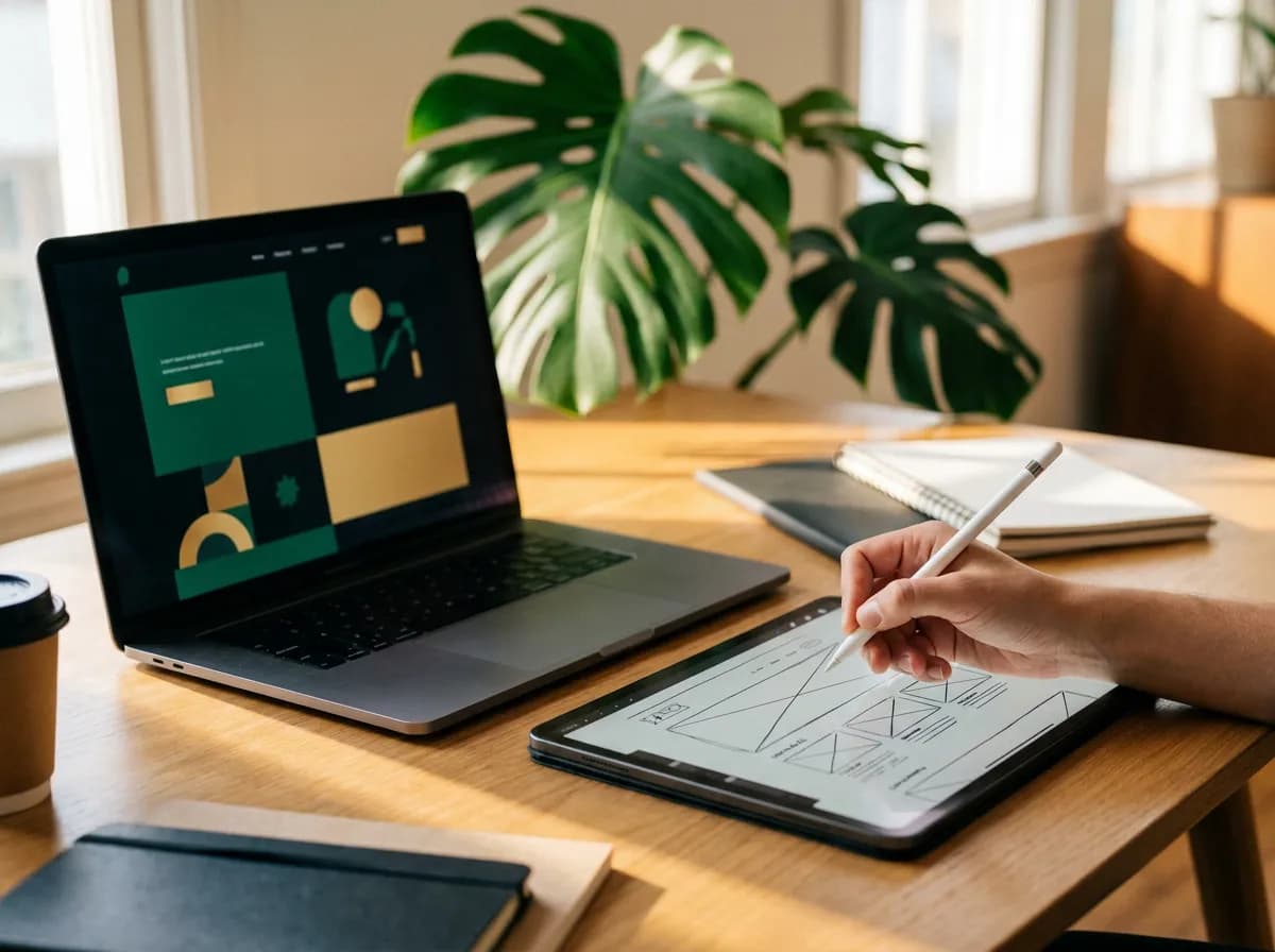 Designer sketching a website layout on a tablet next to a laptop mockup